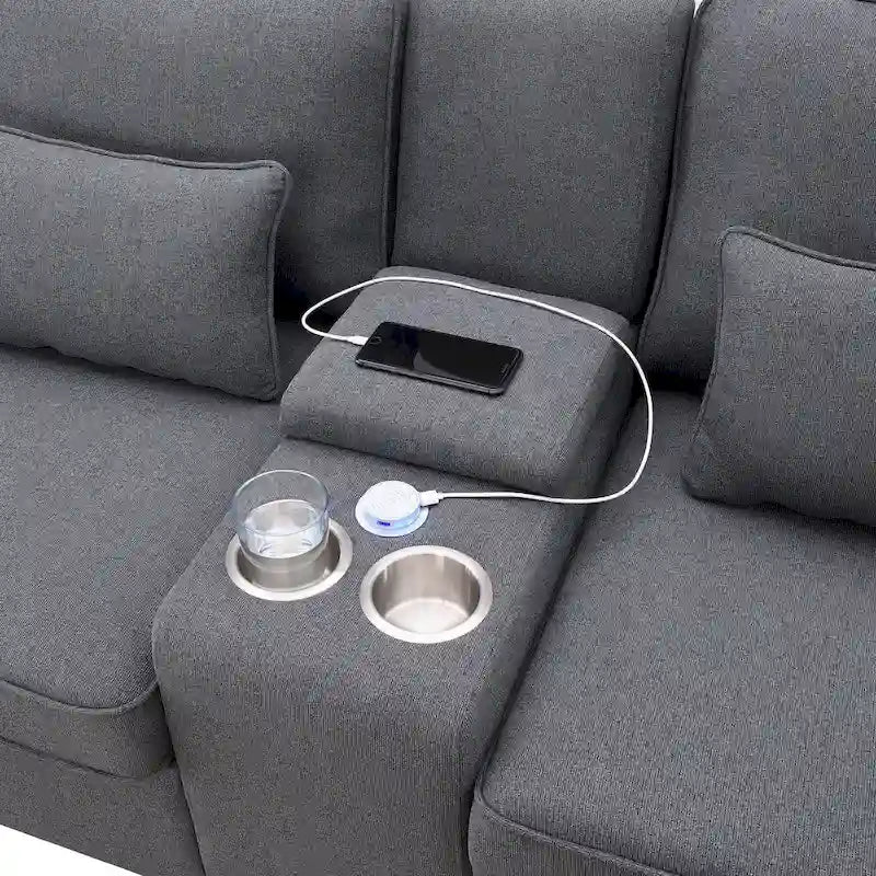 [VIDEO fornito] [Nuovo] 114.2 Divano imbottito con console, 2 portabicchieri e 2 porte USB con ricarica cablata o wireless, Modern Li