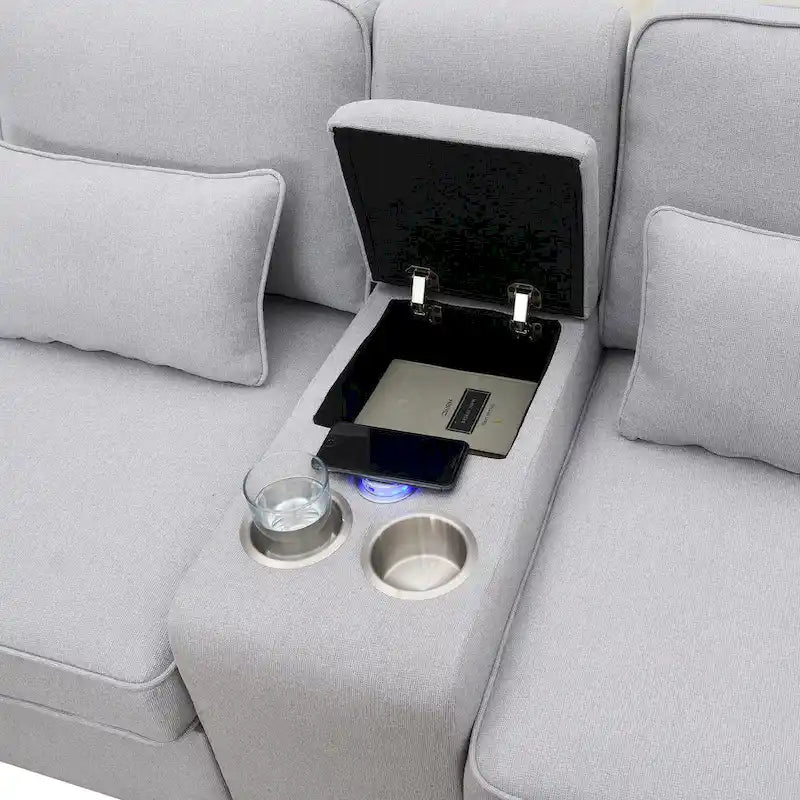 [VIDEO fornito] [Nuovo] 114.2 Divano imbottito con console, 2 portabicchieri e 2 porte USB con ricarica cablata o wireless, Modern Li