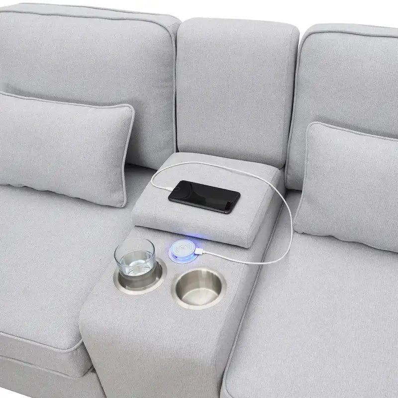 [VIDEO fornito] [Nuovo] 114.2 Divano imbottito con console, 2 portabicchieri e 2 porte USB con ricarica cablata o wireless, Modern Li