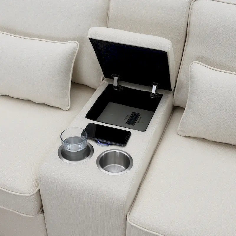 [VIDEO fornito] [Nuovo] 114.2 Divano imbottito con console, 2 portabicchieri e 2 porte USB con ricarica cablata o wireless, Modern Li