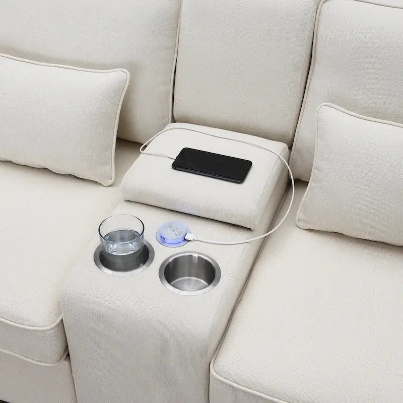 [VIDEO fornito] [Nuovo] 114.2 Divano imbottito con console, 2 portabicchieri e 2 porte USB con ricarica cablata o wireless, Modern Li