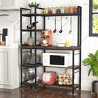 Scaffale da Panettiere Industriale a 5 Ripiani – Supporto per Microonde, Scaffale da Cucina con 10 Ganci, 109 cm di Lunghezza, Marrone e Nero