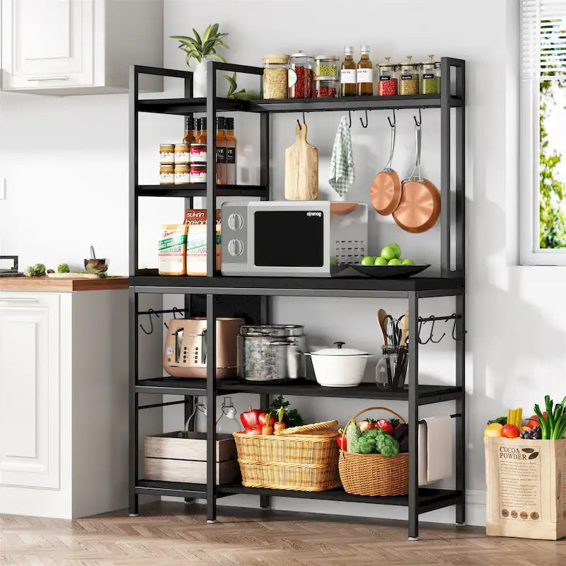 Scaffale da Panettiere Industriale a 5 Ripiani – Supporto per Microonde, Scaffale da Cucina con 10 Ganci, 109 cm di Lunghezza, Marrone e Nero