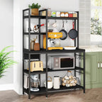 Scaffale da Panettiere Industriale a 5 Ripiani – Supporto per Microonde, Scaffale da Cucina con 10 Ganci, 109 cm di Lunghezza, Marrone e Nero