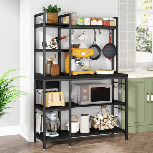 Scaffale da Panettiere Industriale a 5 Ripiani – Supporto per Microonde, Scaffale da Cucina con 10 Ganci, 109 cm di Lunghezza, Marrone e Nero