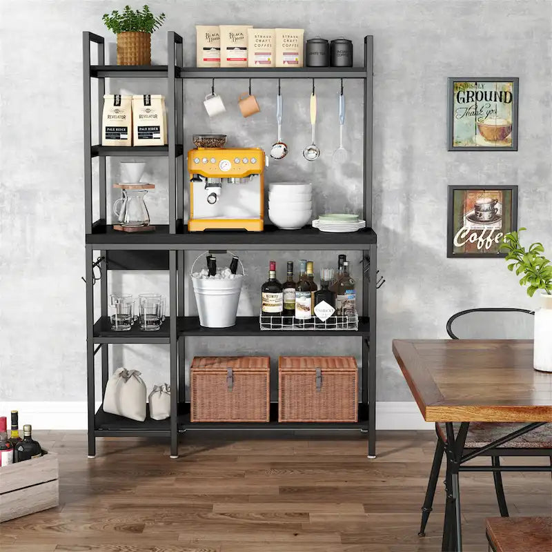 Scaffale da Panettiere Industriale a 5 Ripiani – Supporto per Microonde, Scaffale da Cucina con 10 Ganci, 109 cm di Lunghezza, Marrone e Nero