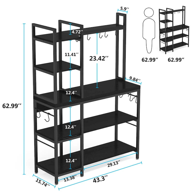 Scaffale da Panettiere Industriale a 5 Ripiani – Supporto per Microonde, Scaffale da Cucina con 10 Ganci, 109 cm di Lunghezza, Marrone e Nero