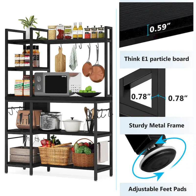 Scaffale da Panettiere Industriale a 5 Ripiani – Supporto per Microonde, Scaffale da Cucina con 10 Ganci, 109 cm di Lunghezza, Marrone e Nero