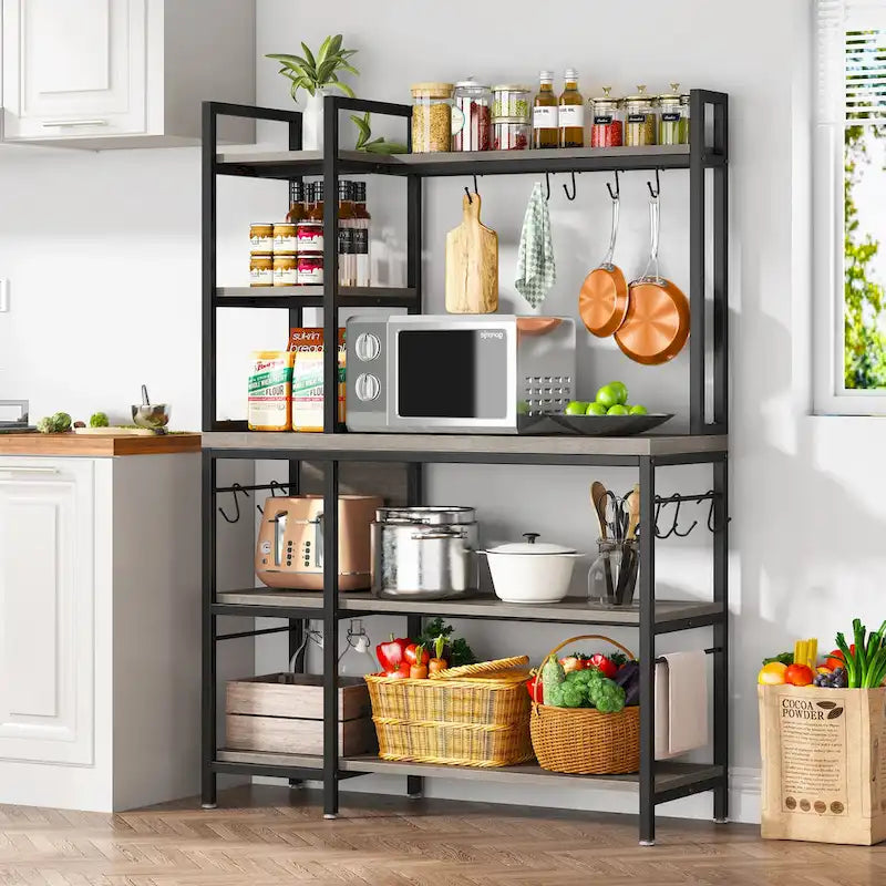 Scaffale da Panettiere Industriale a 5 Ripiani – Supporto per Microonde, Scaffale da Cucina con 10 Ganci, 109 cm di Lunghezza, Marrone e Nero
