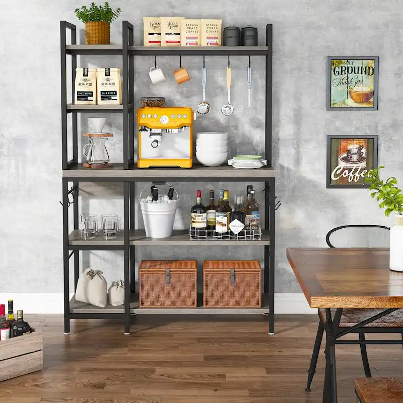Scaffale da Panettiere Industriale a 5 Ripiani – Supporto per Microonde, Scaffale da Cucina con 10 Ganci, 109 cm di Lunghezza, Marrone e Nero