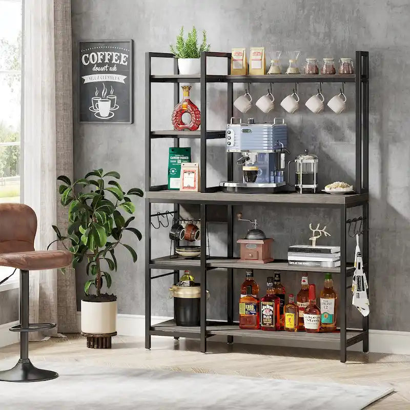 Scaffale da Panettiere Industriale a 5 Ripiani – Supporto per Microonde, Scaffale da Cucina con 10 Ganci, 109 cm di Lunghezza, Marrone e Nero
