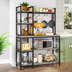 Scaffale da Panettiere Industriale a 5 Ripiani – Supporto per Microonde, Scaffale da Cucina con 10 Ganci, 109 cm di Lunghezza, Marrone e Nero