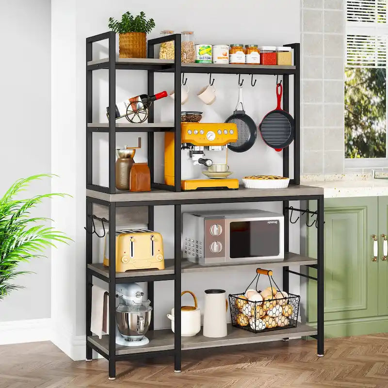 Scaffale da Panettiere Industriale a 5 Ripiani – Supporto per Microonde, Scaffale da Cucina con 10 Ganci, 109 cm di Lunghezza, Marrone e Nero