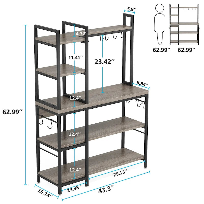 Scaffale da Panettiere Industriale a 5 Ripiani – Supporto per Microonde, Scaffale da Cucina con 10 Ganci, 109 cm di Lunghezza, Marrone e Nero