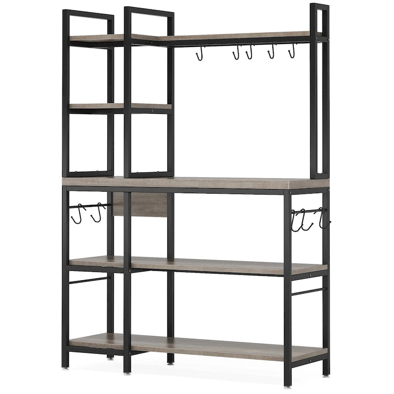 Scaffale da Panettiere Industriale a 5 Ripiani – Supporto per Microonde, Scaffale da Cucina con 10 Ganci, 109 cm di Lunghezza, Marrone e Nero