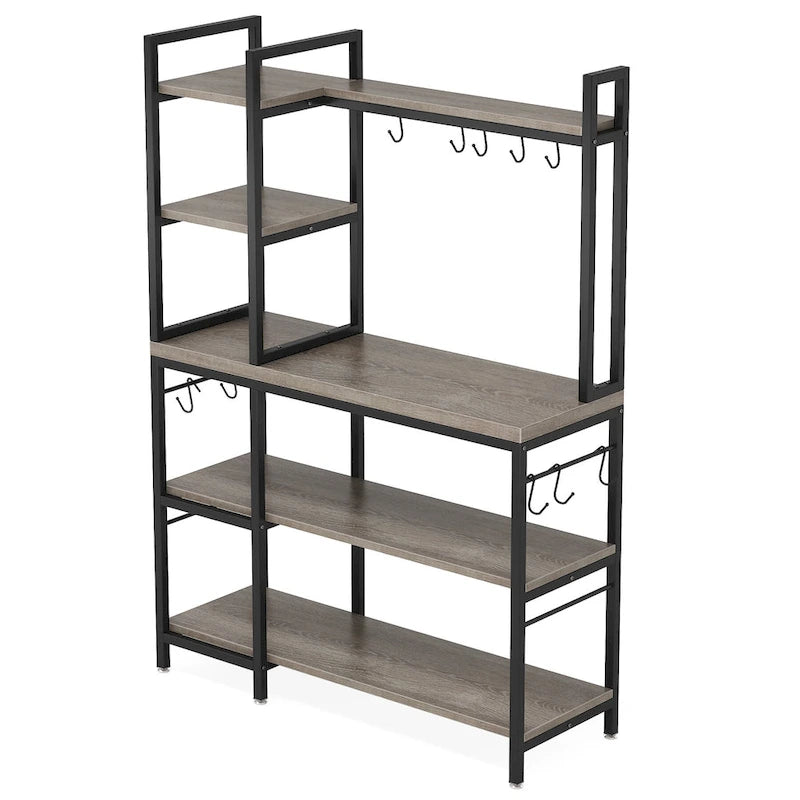 Scaffale da Panettiere Industriale a 5 Ripiani – Supporto per Microonde, Scaffale da Cucina con 10 Ganci, 109 cm di Lunghezza, Marrone e Nero