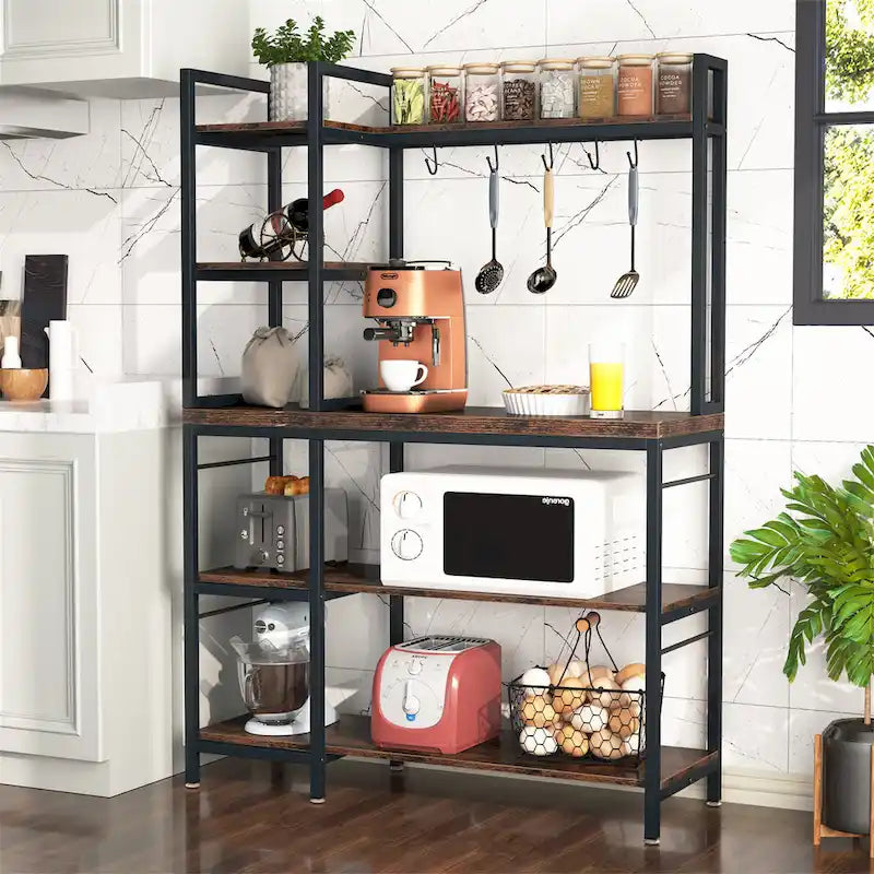 Scaffale da Panettiere Industriale a 5 Ripiani – Supporto per Microonde, Scaffale da Cucina con 10 Ganci, 109 cm di Lunghezza, Marrone e Nero