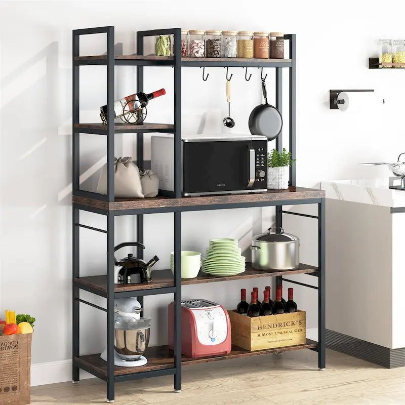Scaffale da Panettiere Industriale a 5 Ripiani – Supporto per Microonde, Scaffale da Cucina con 10 Ganci, 109 cm di Lunghezza, Marrone e Nero