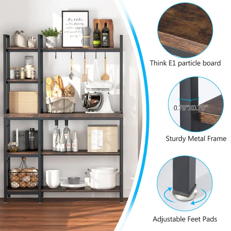 Scaffale da Panettiere Industriale a 5 Ripiani – Supporto per Microonde, Scaffale da Cucina con 10 Ganci, 109 cm di Lunghezza, Marrone e Nero