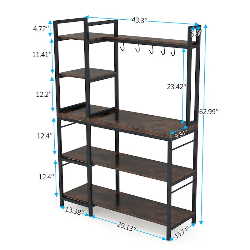 Scaffale da Panettiere Industriale a 5 Ripiani – Supporto per Microonde, Scaffale da Cucina con 10 Ganci, 109 cm di Lunghezza, Marrone e Nero
