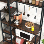 Scaffale da Panettiere Industriale a 5 Ripiani – Supporto per Microonde, Scaffale da Cucina con 10 Ganci, 109 cm di Lunghezza, Marrone e Nero