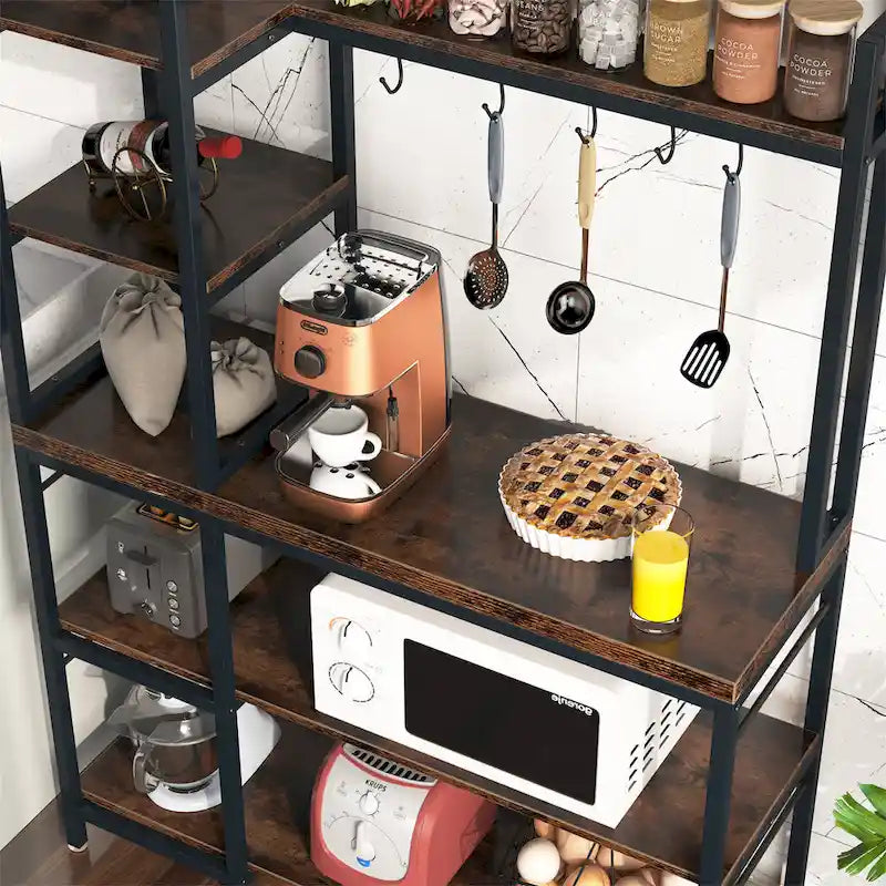 Scaffale da Panettiere Industriale a 5 Ripiani – Supporto per Microonde, Scaffale da Cucina con 10 Ganci, 109 cm di Lunghezza, Marrone e Nero