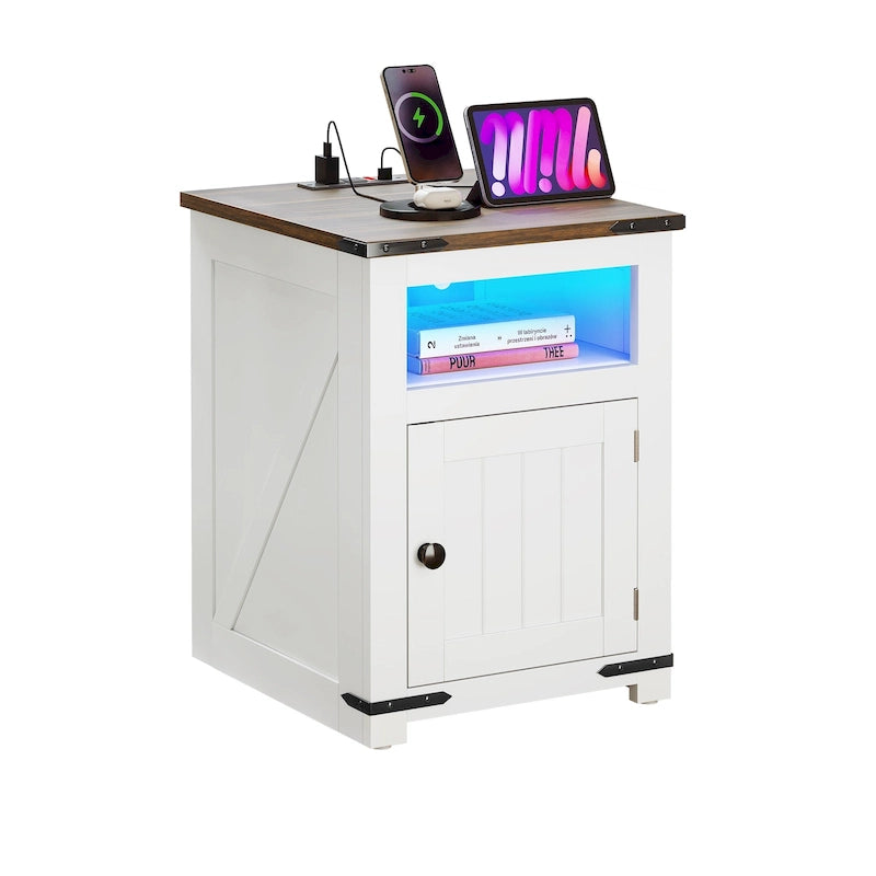 Moasis Tavolino Finale da Fattoria con Stazione di Ricarica – 2 Porte USB, 2 Prese, Luci a LED e Armadietto