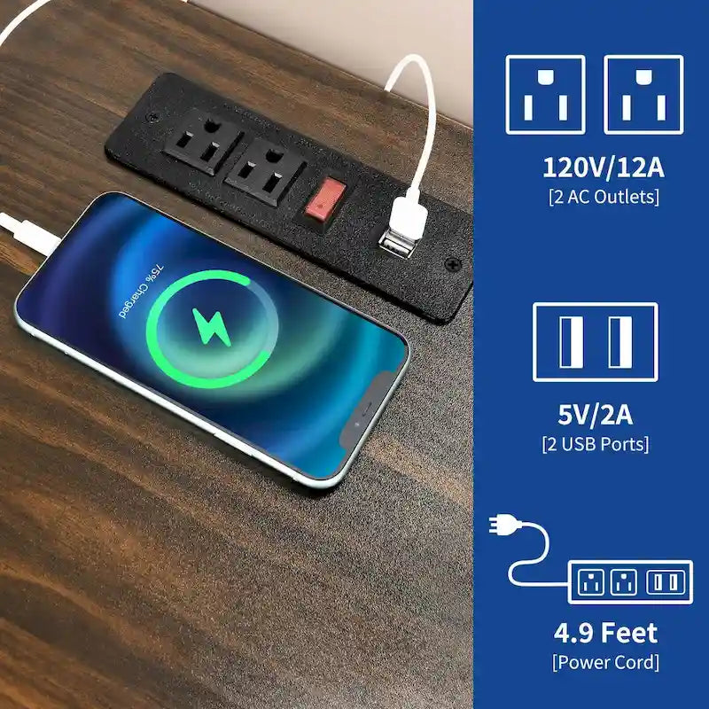 Moasis Tavolino Finale da Fattoria con Stazione di Ricarica – 2 Porte USB, 2 Prese, Luci a LED e Armadietto