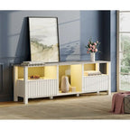 Mobile TV moderno a LED per televisori da 75" – Piano con motivo in pietra, ante in legno scanalato e illuminazione a LED calda