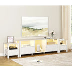 Mobile TV moderno a LED per televisori da 75" – Piano con motivo in pietra, ante in legno scanalato e illuminazione a LED calda