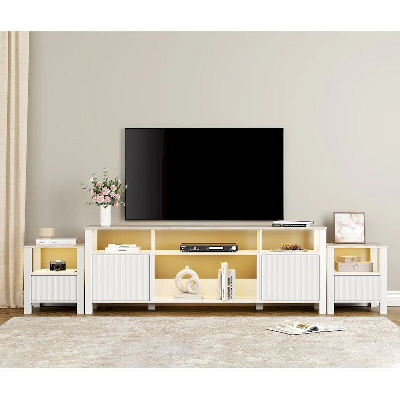Mobile TV moderno a LED per televisori da 75" – Piano con motivo in pietra, ante in legno scanalato e illuminazione a LED calda