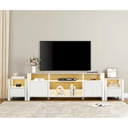 Mobile TV moderno a LED per televisori da 75" – Piano con motivo in pietra, ante in legno scanalato e illuminazione a LED calda