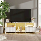 Mobile TV moderno a LED per televisori da 75" – Piano con motivo in pietra, ante in legno scanalato e illuminazione a LED calda