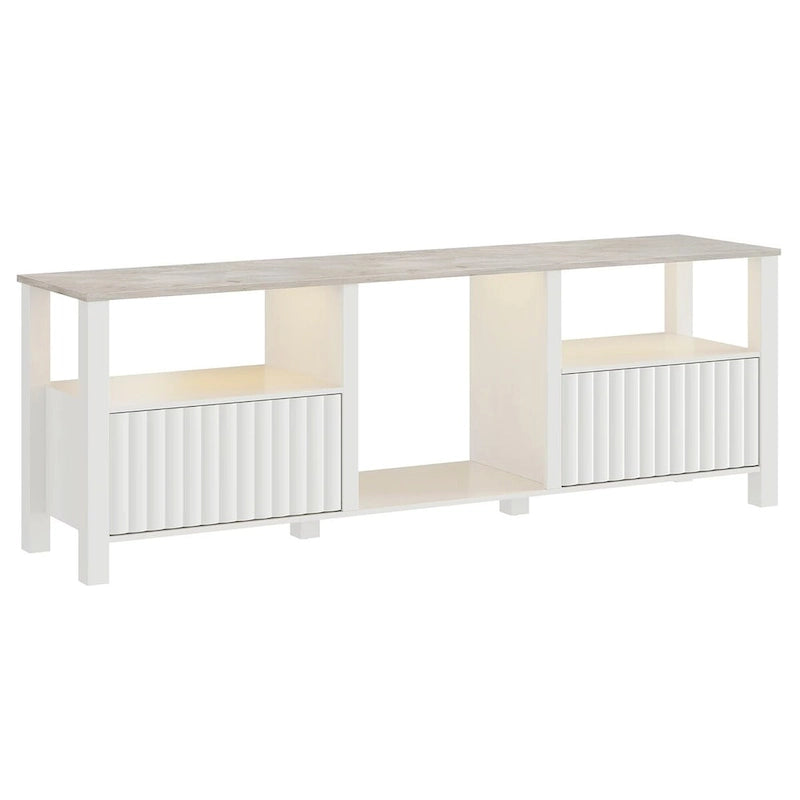 Mobile TV moderno a LED per televisori da 75" – Piano con motivo in pietra, ante in legno scanalato e illuminazione a LED calda