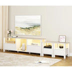 Mobile TV moderno a LED per televisori da 75" – Piano con motivo in pietra, ante in legno scanalato e illuminazione a LED calda