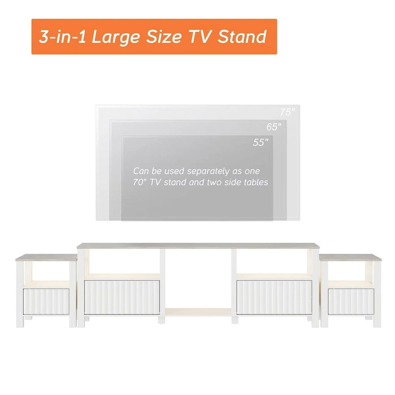 Mobile TV moderno a LED per televisori da 75" – Piano con motivo in pietra, ante in legno scanalato e illuminazione a LED calda
