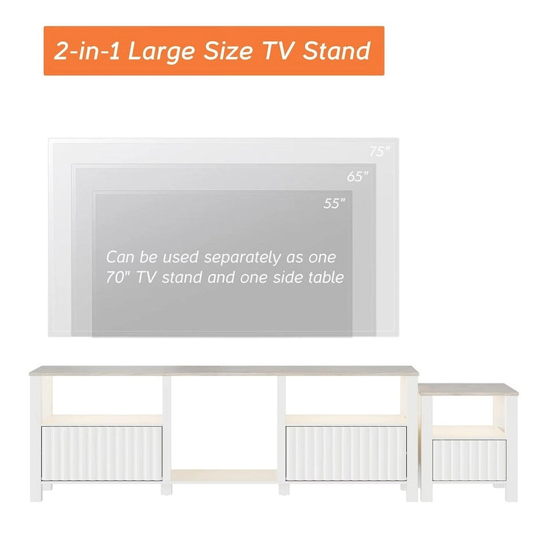 Mobile TV moderno a LED per televisori da 75" – Piano con motivo in pietra, ante in legno scanalato e illuminazione a LED calda