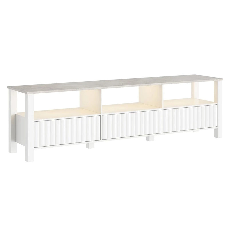 Mobile TV moderno a LED per televisori da 75" – Piano con motivo in pietra, ante in legno scanalato e illuminazione a LED calda