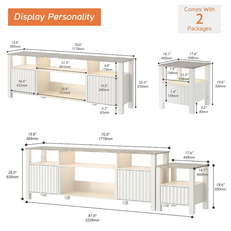 Mobile TV moderno a LED per televisori da 75" – Piano con motivo in pietra, ante in legno scanalato e illuminazione a LED calda