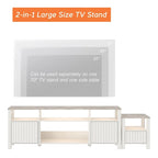Mobile TV moderno a LED per televisori da 75" – Piano con motivo in pietra, ante in legno scanalato e illuminazione a LED calda