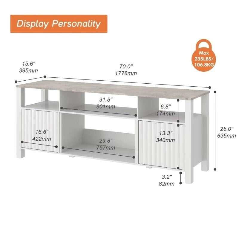 Mobile TV moderno a LED per televisori da 75" – Piano con motivo in pietra, ante in legno scanalato e illuminazione a LED calda
