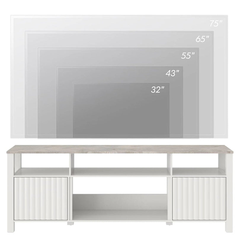 Mobile TV moderno a LED per televisori da 75" – Piano con motivo in pietra, ante in legno scanalato e illuminazione a LED calda