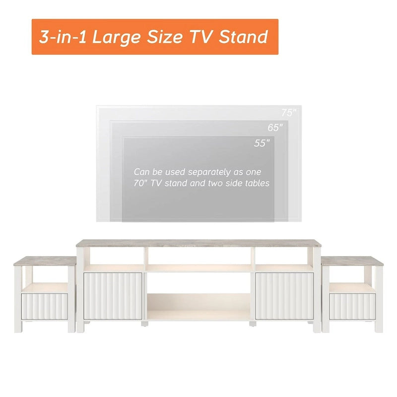 Mobile TV moderno a LED per televisori da 75" – Piano con motivo in pietra, ante in legno scanalato e illuminazione a LED calda