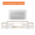 Mobile TV moderno a LED per televisori da 75" – Piano con motivo in pietra, ante in legno scanalato e illuminazione a LED calda