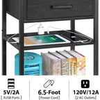 Comodino a 3 ripiani con stazione di ricarica – 3 porte USB, 2 prese, stile industriale, struttura in metallo