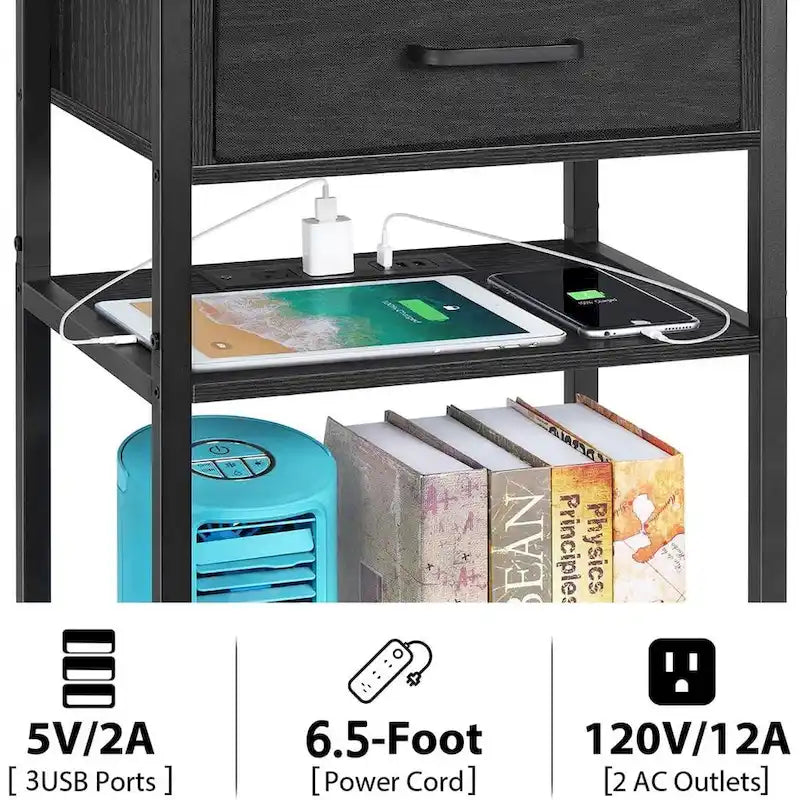 Comodino a 3 ripiani con stazione di ricarica – 3 porte USB, 2 prese, stile industriale, struttura in metallo