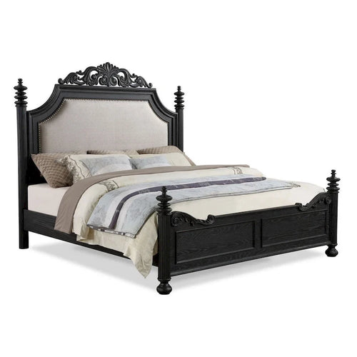 Letto matrimoniale Berry – Testiera e pediera intagliate a volute, rivestimento in tessuto crema, finitura nera
