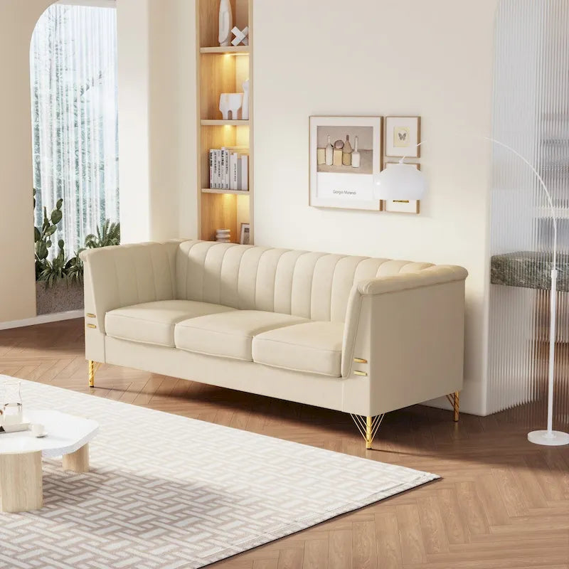 Divano Chesterfield in velluto da 210 cm – Cuscini a molla ad alto rimbalzo, gambe in metallo dorato, borse seduta rimovibili
