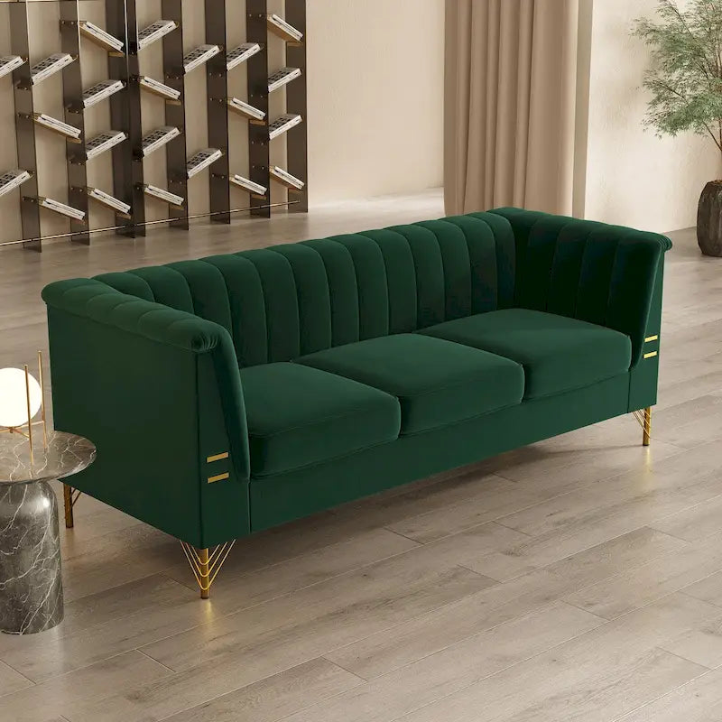 Divano Chesterfield in velluto da 210 cm – Cuscini a molla ad alto rimbalzo, gambe in metallo dorato, borse seduta rimovibili