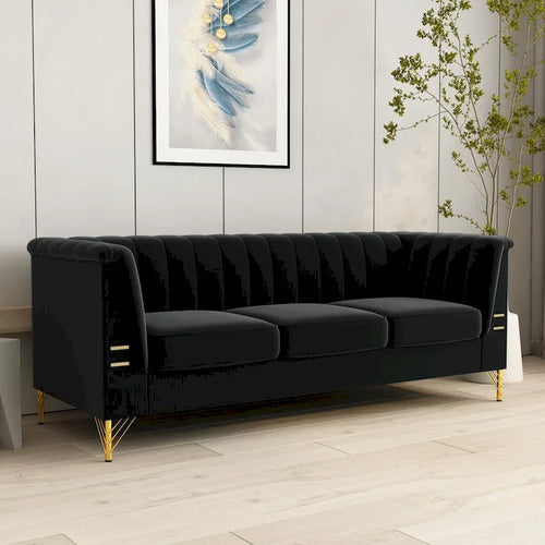 Divano Chesterfield in velluto da 210 cm – Cuscini a molla ad alto rimbalzo, gambe in metallo dorato, borse seduta rimovibili